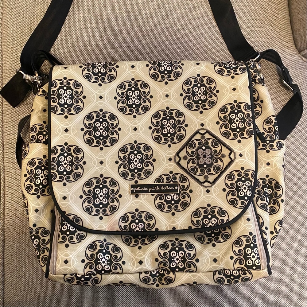 Petunia Pickle Bottom boxy backpack baby bag in black/tan